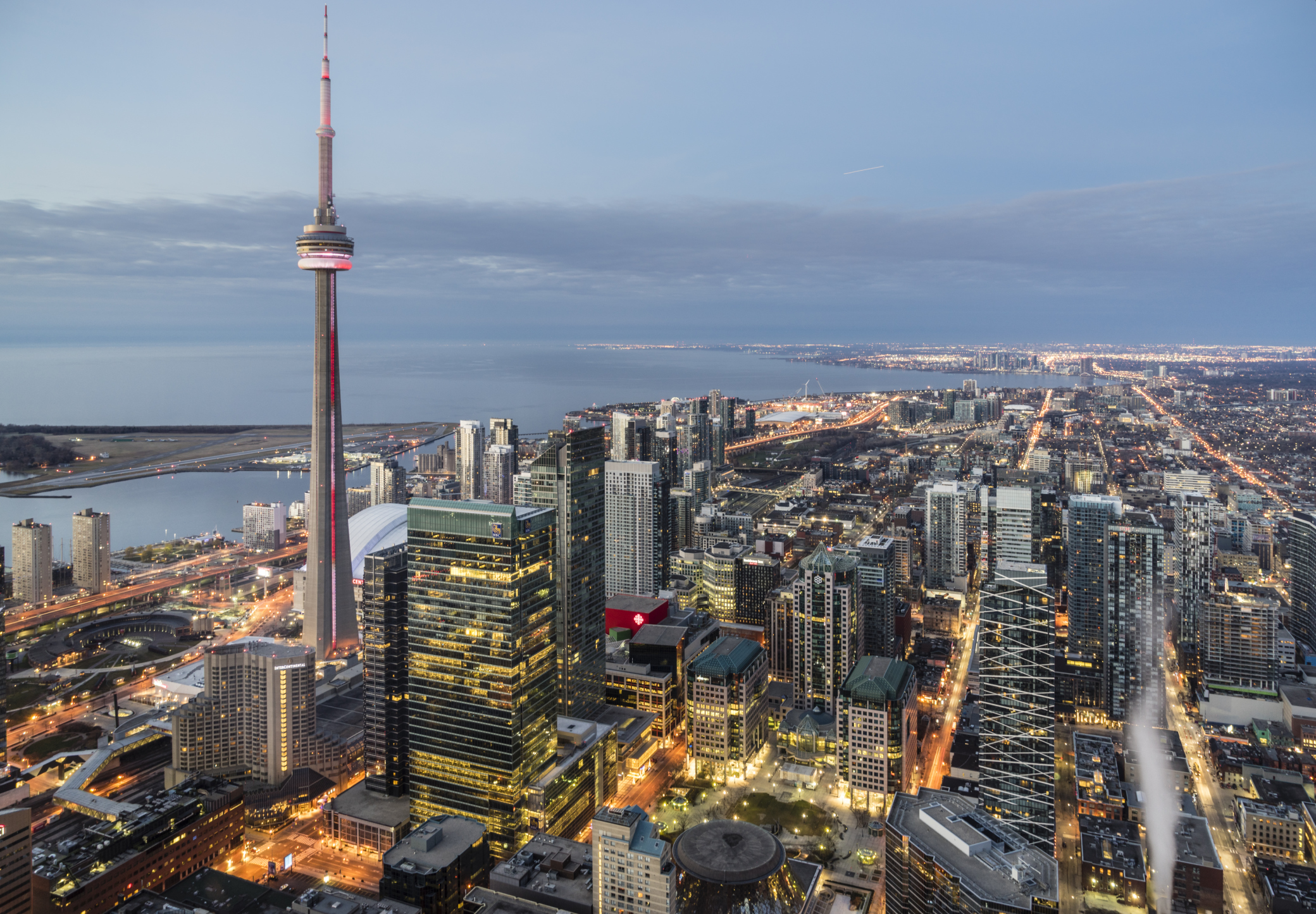 A view of downtown Toronto, as seen from a tall east Toronto condo looking west